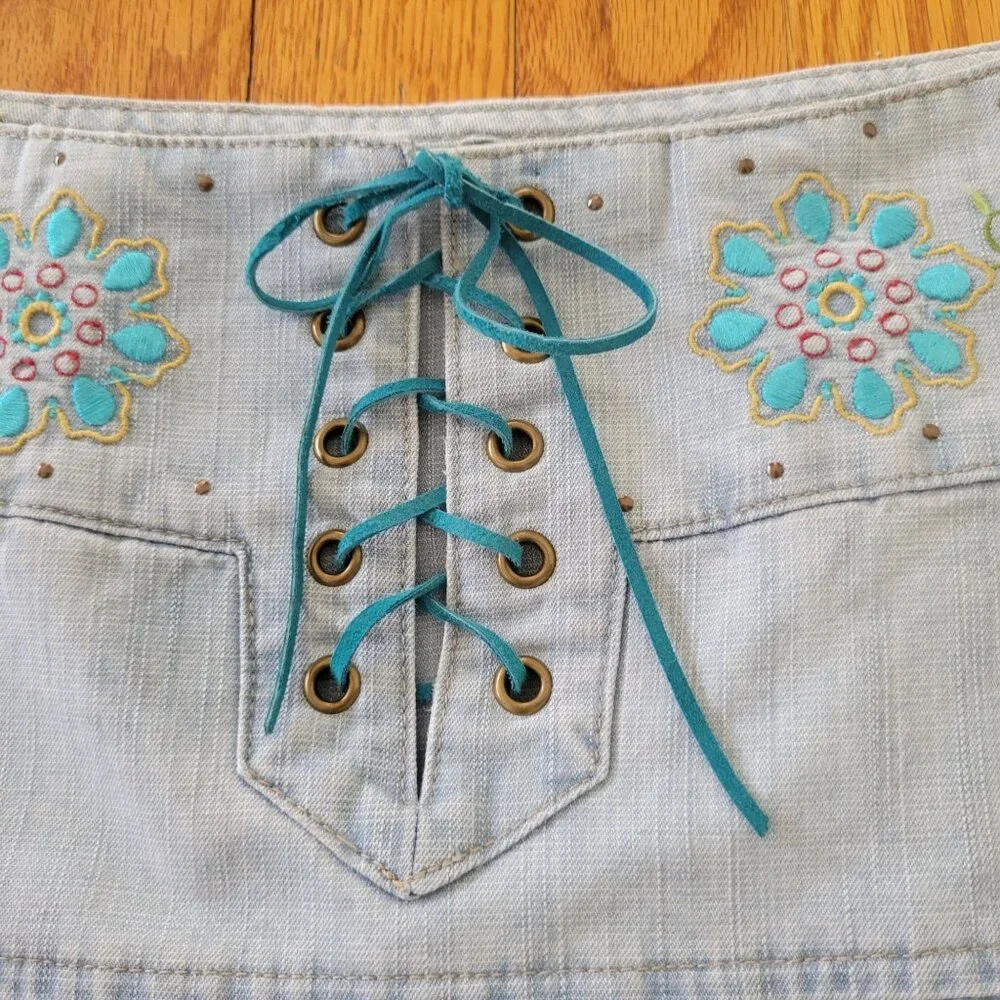 Zana Di Floral Embroidered Denim Skirt 13 Blue Jean Corset Lace Up Boho Modest Y
